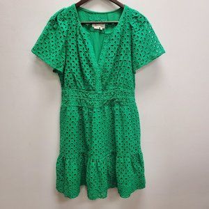 Anthropologie Womens Eyelet Somerset Dress Size M Green Short Sleeve V Neck